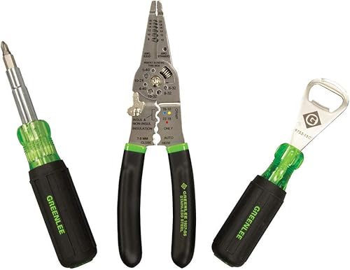 Miniatura 2 de Greenlee, 0159-LBFB, kit de herramientas para electricista de 3 piezas con pelacables de acero inoxidable, cortadorengarzador, destornillador