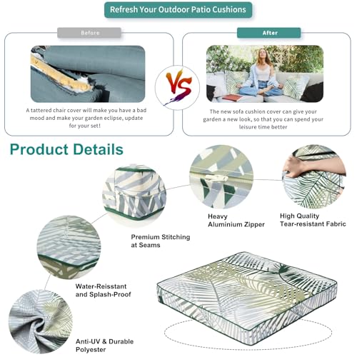 Outdoor Patio Cushion Covers Replacement, Waterproof Furniture Cushion Slipcovers with Zipper, Fit for Wicker Rattan Sectional Couch Chair Furniture Set (14, Bamboo Leaf) - Thumbnail 4