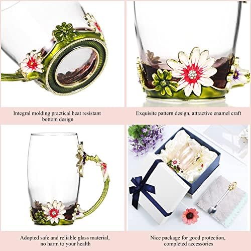 Diglife Enamel Flower Glass Mug, Flower Tea Cup/Lead-Free Coffee Mug with Steel Spoon&Cleaning Cloth&Gift Box,Gifts for Wife,Friends on Birthday,Mother's Day,Anniversary(350ml Green Chrysanthemum)