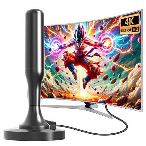 Antenne TV Intérieure TNT HD/4K - Réception 360° Avec Base Magnétique - Câble Coaxial 3m - Sans Abonnement - 4