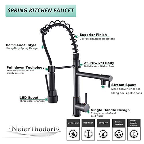Neierthodore Commerical Pull Down Kitchen Faucet Sprayer With Led Two Spout Single Handle Oil Rubbed Bronze Kitchen Sink Faucet Brass Stainless Steel Industrial Kitchen Faucets #TOP3