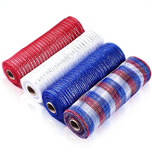 4 Rolls Metallic Foil Mesh Ribbon for Door Wreath DIY Crafts Making Supplies (Red, Blue, White, 10 Inch)