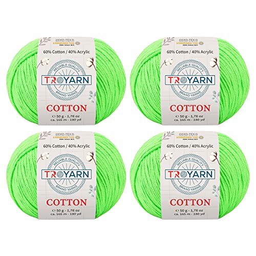Troyarn Cotton (4- Skeins Pack) 60% Cotton 40% Acrylic Yarn, Soft, Fine/Sport (2) For Crochet And Knitting 1.76 Oz (50G) / 180 Yds (165M) (10327 - Neon Green) #TOP4