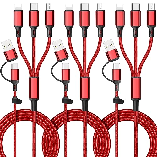 6 in 1 Multi Charging Cable [3Pack 4FT] Nylon Braided Multi Fast Charging Cord USB A/C to Phone USB C/Micro USB/i-P Connector Universal Multiple Phone Charger Cable for Cell Phones