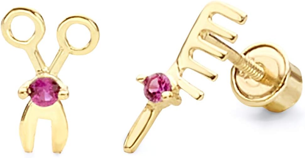 Wellingsale 14K Yellow Gold Polished Scissors & Comb Stud Earrings With Screw Back