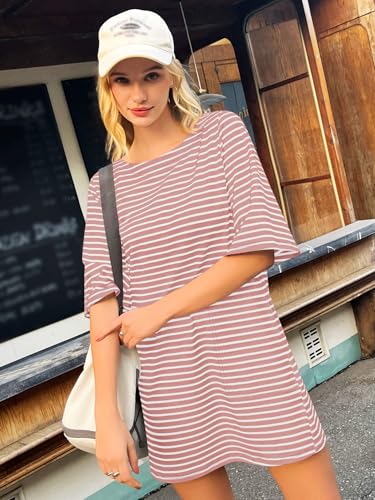 Image of Yousify Women's T Shirt Dress Cotton Summer Dresses 2026 Casual Loose Short Sleeve Striped Mini Dress with Pockets