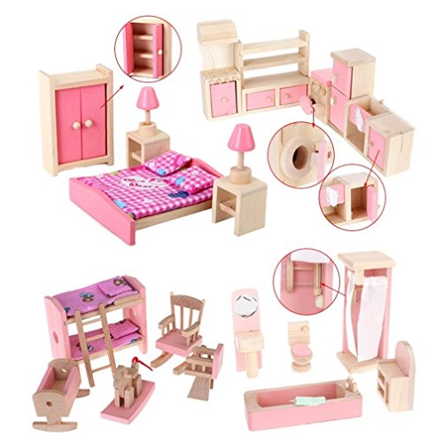 Wooden Dollhouse Furniture Set Including Kitchen Bathroom Bedroom Kid Room for Dollhouse Pink Color - Thumbnail 6