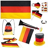 ⚽ Deutsches Fußball-Fan Set: Enthält 10 Stück - 1 * Fanbeutel; 1 * Horn; 1 * deutschland flagge umhang; 1 * Fußballschals; 1 * Fanartikel Hut; 1 * Gesichtsmaske; 1 * Fussball Sticker; 1 * Armbänder und 2 * Deutsche Kleine Schwenkfahnen.