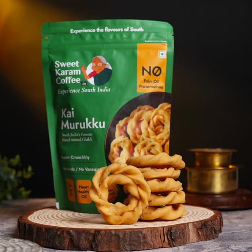 Image of Sweet Karam Coffee Kai Murukku - Pack of 2 (150g each) | No Palm Oil & Preservatives | Authentic South Indian Hand-Twisted Chakli | Crunchy & Delicious Namkeen | Tea Time Snack | Festive Special