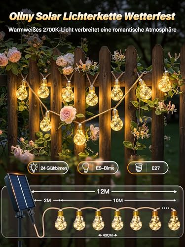Ollny Solar Lichterkette Aussen 24 Glühbirnen, 12m Lichterketten Außen Wetterfest Warmweiß，mit 8 Modi, Timer & Dimmbar, Solarlichterketten mit Hanfseil für Garten, Party, Balkon, Hof, Hochzeit