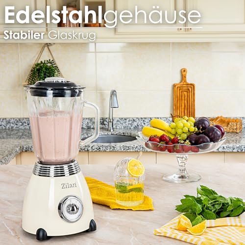 Standmixer Retro mit 1,5L Glasbehälter Zerkleinerer Smoothie Maker Mixer Edelstahlklinge 2 Geschwindigkeiten & Pulsfunktion Edelstahlgehäuse Leistungsstarker Mixer im Vintage Design – Bild 5