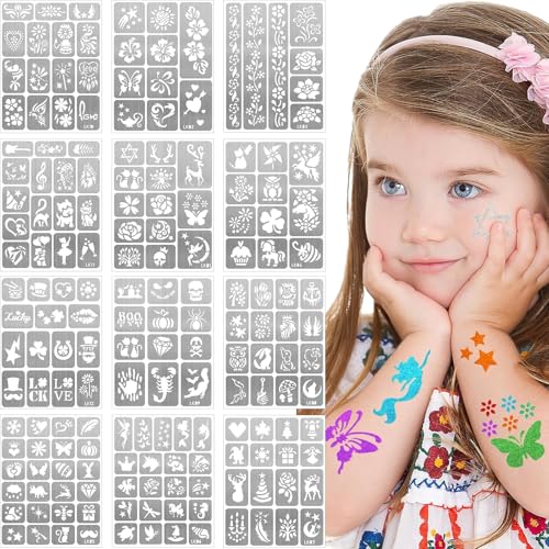156 Pieces Temporary Tattoo Stencils, Face and Body Painting Stencils Set, Glitter Tattoo Stencils for Kids, School, Birthdays, Halloween, Christmas, Party Decoration