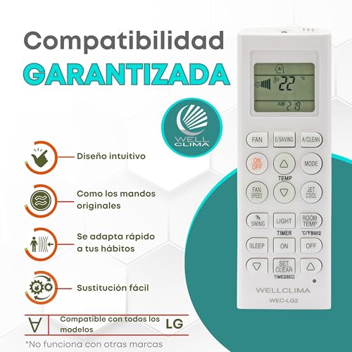 Miniatura 2 de Wellclima Mando A Distancia Universal Para Aires Acondicionados Lg, Wec-Lg2, Compatible Con Todos Los Modelos, Listo Para Usar, Diseño De Mandos Recientes, Teclas Especiales, Manual En 6 Idiomas