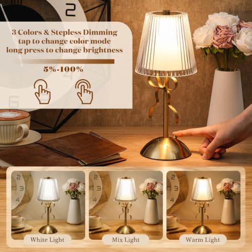 Image of Liliful 2 Pcs Cordless Table Lamp Rechargeable Touch LED Small Gold Portable Battery Operated USB-c Desk Lamp 3 Color Dimmable for Bedroom Living Room Dining (Gold,Hollow Lined Style Bow)