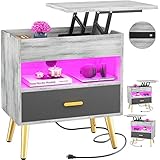 Cyclysio 35 Inches Nightstand with Reversible Lift Top, Large Night Stand with LED Lights, Tall Beds