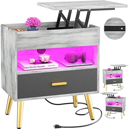 Cyclysio 35 Inches Nightstand With Reversible Lift Top, Large Night Stand With Led Lights, Tall Bedside Table With Charging Station, High End Side Table For Bedroom, Sofa Side, Living Room, White Oak #TOP11