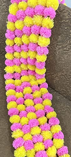 Image of SPHINX Artificial Marigold Fluffy Flowers Garlands for Decoration - Pack of 5 (Yellow and Baby Pink)