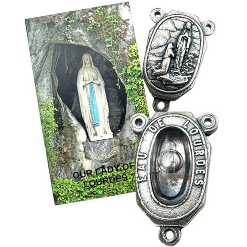 Lourdes Water Centerpiece Set Metal Rosary Center with Our Lady Holy Card