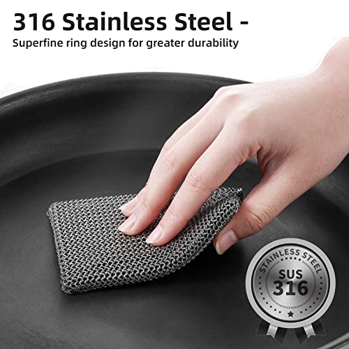 Image of SUBEKYU Superfine Cast Iron Chainmail Scrubber, Kitchen 316 Stainless Steel Cast Iron Cleaner with Silicone Insert for Washing Cast Iron Pans /Dishes /Sinks, 1P