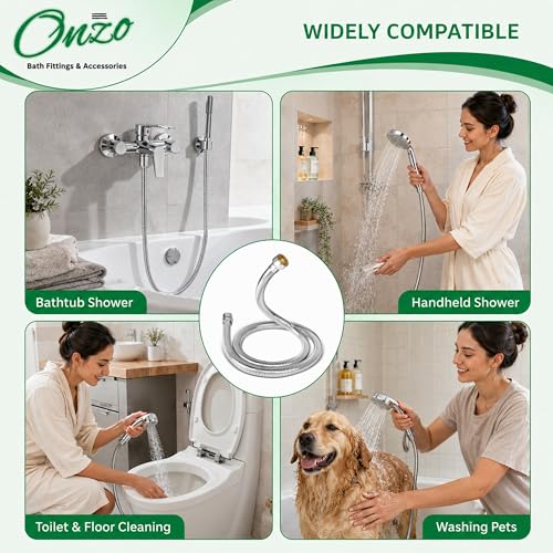 Image of Onzo Stainless Steel 304 Rust Free Flexible Shower Hose Pipe Ideal for Toilet /Health Faucets, Jet Sprays & Hand Showers in High End Luxury Bathrooms, Chrome Finish - 1 Meters