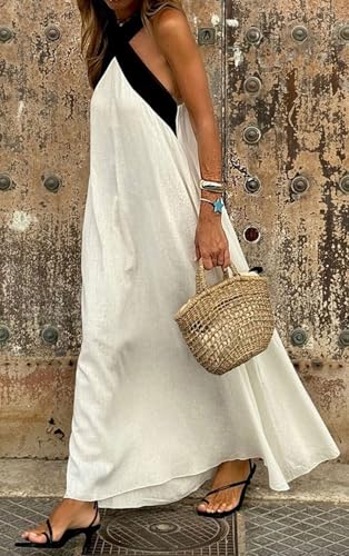 CHARTOU Women Summer Vacation Halter Neck Crossover Contrast Trim Cotton Linen Flowy Long Dress3