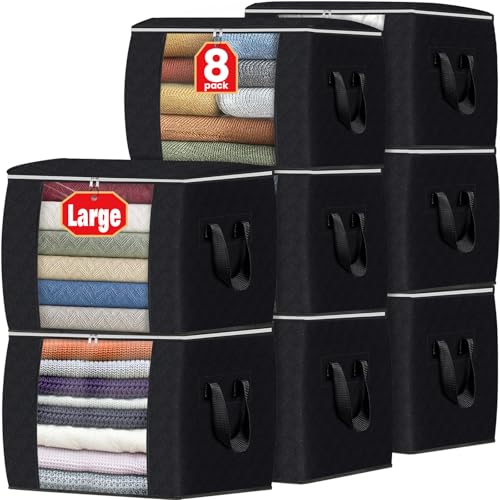 Image of Fab totes 24 Gallons Clothes Storage, Foldable Thick Fabric Blanket Storage Bags, Containers for Organizing Bedroom, Closet, Clothing, Comforter, Organization with Handle (8 Pack,Black)