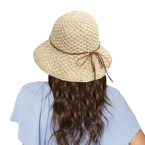 Image of Women Wide Brim Sun Hat UPF50 Straw Summer Hat Floppy Beach Hat Roll-Up