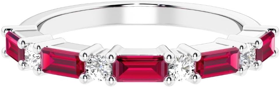 Solid 14k Gold Alternating Baguette Lab Grown Ruby and Diamond Half Eternity Stackable Ring, 1.02 Carat, July Birthstone, Anniversary Wedding Band, Birthday Gift for Women w/ Jewelry Box, Sz 4-10