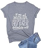 DANVOUY Womens V-Neck If My Mouth Doesn't Say It My Face Definitely Will T Shirt Grey Large