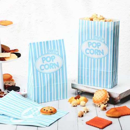 Image of Potchen 300 Pcs Paper Popcorn Bags Bulk 2 oz Large Individual Serving Popcorn Bag Flat Bottom Disposable Container Vintage for Movie Night Themed Summer Back to School Party Carnival (Light Blue)