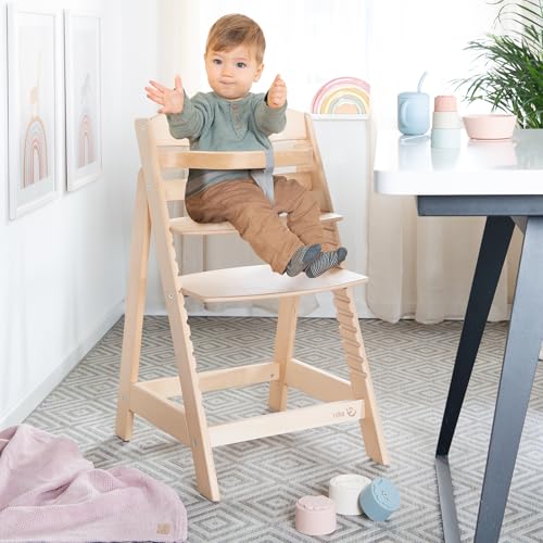 roba Chaise Haute Évolutive en Bois Naturel Sit Up III - Hauteur Réglable - de 6 Mois jusqu'à 50 kg - Chaise Bébé Résistante avec Barre de Sécurité