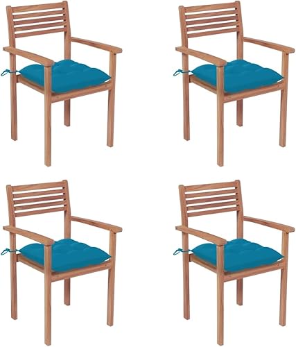 Patio Chairs 4 pcs with Light Blue Cushions Solid Teak Wood Patio Outdoor Balcony Chairs Sillas para Comedor for Picnic Living Room Courtyard Terrace
