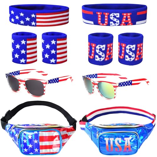 4th of July Patriotic Holographic Fanny Pack Kits, Independence Day Accessories USA Glasses & Sweatband Set for Party (USA Flag)