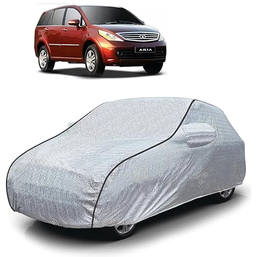 Image of Sulfar 100% Waterproof Car Body Cover Compatible with Mirror for Tata Aria (Triple Stitched, Full Bottom Elastic, Magic Silver with Black Piping)