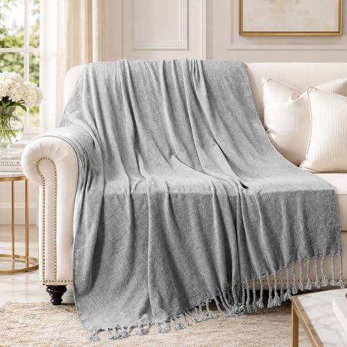 BATTILO HOME Light Gray Chenille Throw Blanket for Couch, Soft Cozy Textured Knit Throw Blanket with...