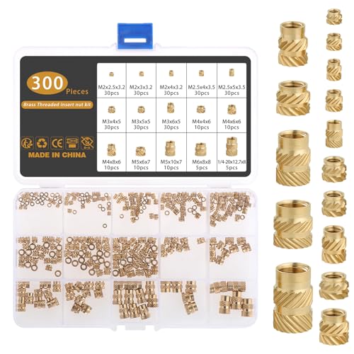 Gueenky 300 Pezzi Dadi Zigrinati in Ottone M2, M2,5, M3, M4, M5, M6, 1/4-20 Inserti per Stampa 3D, 15 Dimensioni Dadi Filettati per Stampaggio a Iniezione