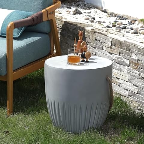 Naga Bahna Outdoor Side Table, Decorative Garden Stool 16.5” Concrete Side Table, Small Accent Table w Hemp Rope Plant Table Round End Table for Indoor Outdoor Cover
