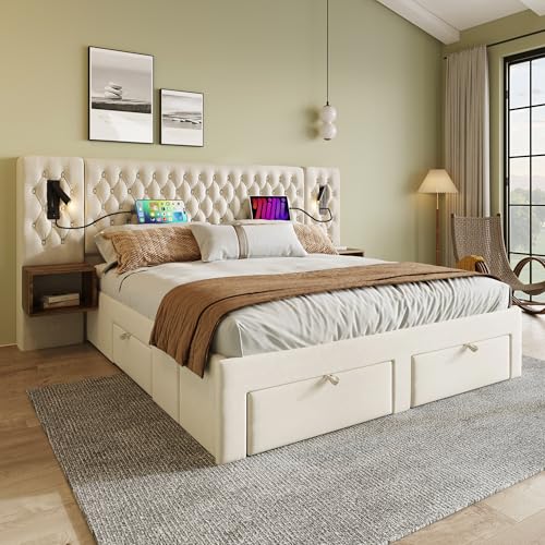 ZIDEY Bett mit Nachttischen, Schlafzimmer Komplett Set 180x200 Polsterbett mit LED&USB&4 Schubladen, Doppelbett Stauraumbett Bettgestell mit Lattenrost, Samt, Ohne Matratze,Beige