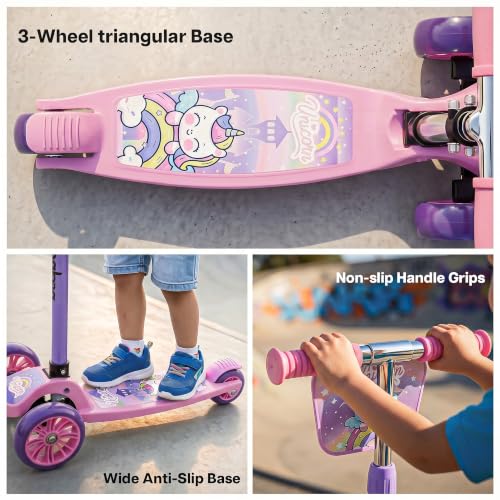 Image of Baybee Trickster Baby Kick Scooter for Kids | Foldable 3 Wheel Kids Scooter with 4 Height Adjustable & Foot Brake | Runner Scooters with Magic Board | Skate Scooter for 2+ Years Boy Girl (Pink)