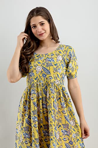 Image of Monique Brand Women's /Girls Cotton Kurta for Women Floral Printed Regular Fit Anarkali Kurta ||Floral Flared Western Dress