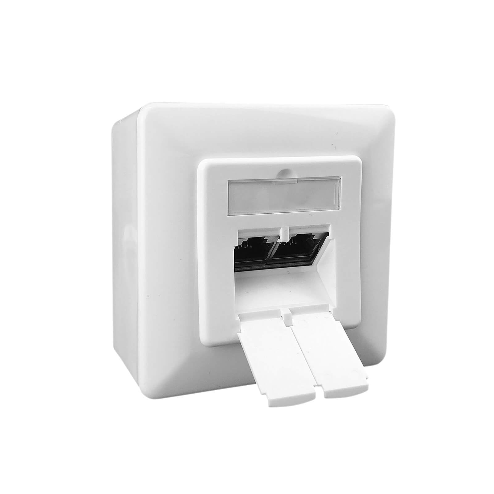 ProfiPatch Netzwerkdose LAN Dose Cat6A 500MHz Aufputz und Unterputz 2X RJ45 Port Anschluss Oben/unten POE CAT7,CAT6A,CAT6,CAT5 geschirmt weiß | Aufputz und Unterputz, Anschluss Oben/unten, POE, geschirmt, CAT7/CAT6A/CAT6/CAT5 kompatibel