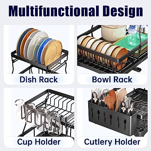 Dish Drying Rack - 2 Tier Dish Rack And Drainboard For Apartment Kitchen Counter, Large Capacity Dish Drainer Organizer Kitchen Rack With Utensil Holder And Cup Rack, Black Dish Drying Rack #TOP1