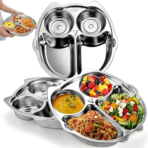 Noamus Lot de 3 assiettes divisées en acier inoxydable 304 à 4 sections - Plateau de contrôle des portions - 22,9 cm - En forme de hibou - Pour adultes,...