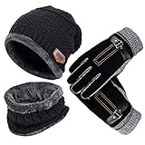 Knitted Hat and Scarf Set, Winter Fleece Lining Wool Beanie Hat Neck Warmers for Men Women (Black)