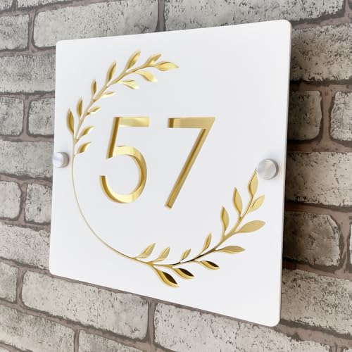 Modern 3D Acrylic House Number Sign - Personalised Laser Cut Door Plaque | Custom Contemporary Outdoor Address Plate | White Gold