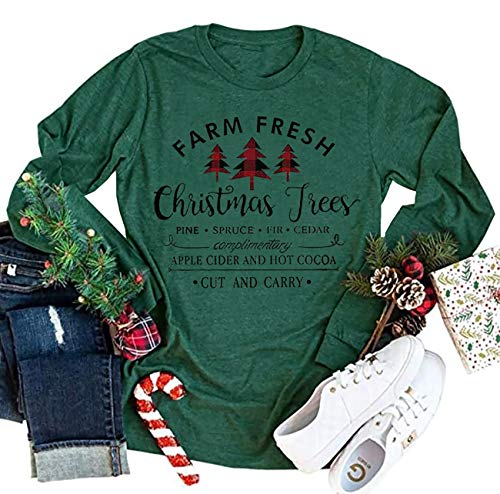 Farm Fresh Christmas Plaid Trees T Shirt Womens Casual Letter Print Long Sleeve Shirt Funny Pullover Graphic Tees (Green, X-Large)