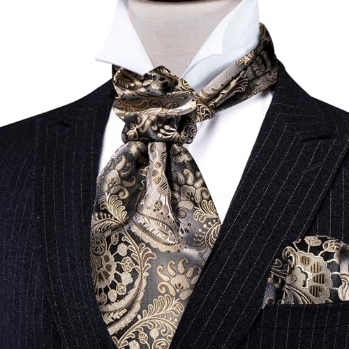 Image of Barry.Wang Ascot Ties Cravat Tie Men Paisley Plaid Scarf Self Tie Pocket Square Cufflinks Set Wedding Party