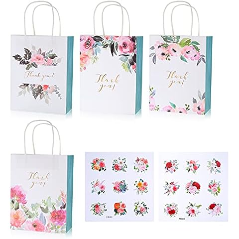 12 Pcs Gift Bags, Thank You Paper Gift Bags, Party Treat Paper Bags with Handles, Party Bag with Flower Pattern, Wedding Favour Bags for Christmas, Birthday, Wedding Party Celebrations Cover