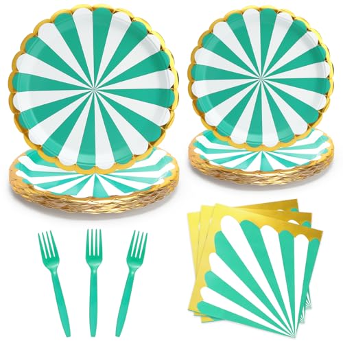 UVTQSSP 96PCS Green Party Paper Plates with Gold Scalloped Edge, Green Scalloped 9inch 7inch Dessert Paper Plates Party Supplies for Birthday Bridal Shower Picnic, Serve for 24 Guests, Striped