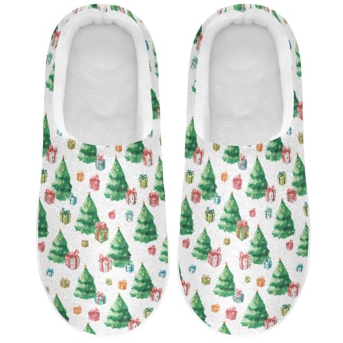 Fuzzy Memory Foam Slippers for Women/Men Christmas Tree with Gift Pattern Fluffy Winter House Shoes Indoor and Outdoor2